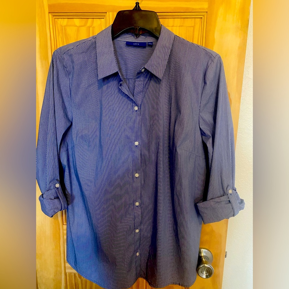 Women’s striped button up blouse.